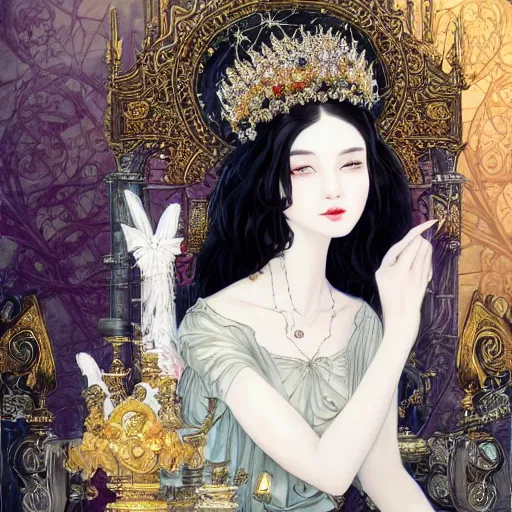 Image similar to a beautiful black haired woman with pale skin and a crown on her head sitted on an intricate metal throne, flower decoration on the background, beautiful illustration, atmosphere, top lighting, perfect composition, smooth, highly detailed, art by so - bin and yuhong ding and chengwei pan,