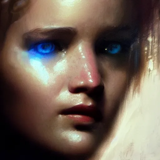 Prompt: jennifer lawrence, hyperrealistic portrait, bladerunner street, art of elysium by jeremy mann and alphonse mucha, fantasy art, photo realistic, dynamic lighting, artstation, poster, volumetric lighting, very detailed face, 4 k, award winning