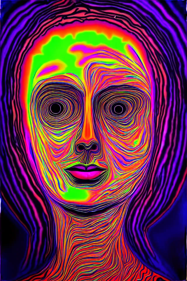 Image similar to hollow face portrait, stunning psychedelic background