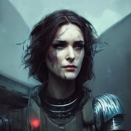 Prompt: winona ryder portrait, dystopia core, apocalyptic, armor, warrior, dramatic, sharp focus, fiction, neon, fantasy, hyper detailed, digital art, trending in artstation, cinematic lighting, studio quality, smooth render, unreal engine 5 rendered, octane rendered, art style and nixeu and wlop and krenz cushart