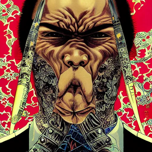 Prompt: portrait closeup of crazy yakuza man, katanas around, symmetrical, cinematic colors, by yoichi hatakenaka, masamune shirow, josan gonzales and dan mumford, ayami kojima, takato yamamoto, barclay shaw, karol bak, yukito kishiro