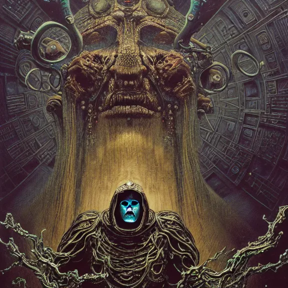 Image similar to Beksiński symmetric frame of dr doom from Prometheus movie, cyborg dr doom in ornate armour, byguo pei and alexander mcqueen metal couture editorial, eldritch epic monumental wallpaper by beksinski by Yuko Shimizu