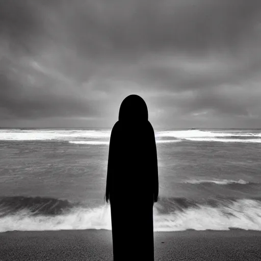 Image similar to Conceptual Art glitch girl wrapped in a blanket and very very tall monster looks into the distance on the beach, in the rain, style of Hiroshi Sugimoto, atmospheric,