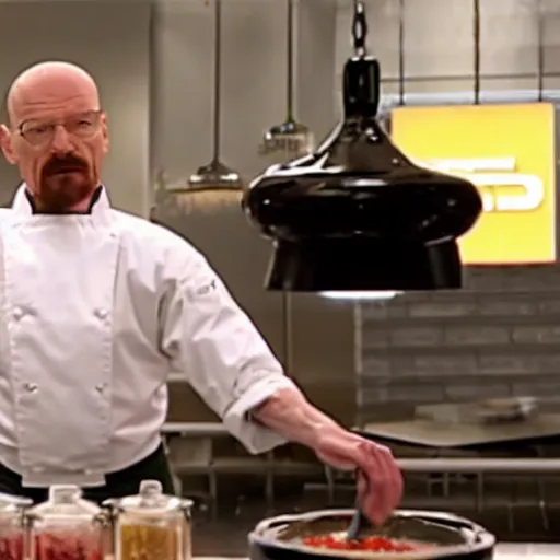 Prompt: a still of walter white competing on the cooking show chopped, still