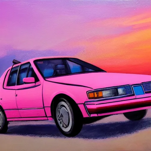 Image similar to an old 1 9 8 0 s car parked off the road, sunset, ocean in distance, pink, oil painting, pale colors, high detail, 8 k, wide angle, trending on artstation,