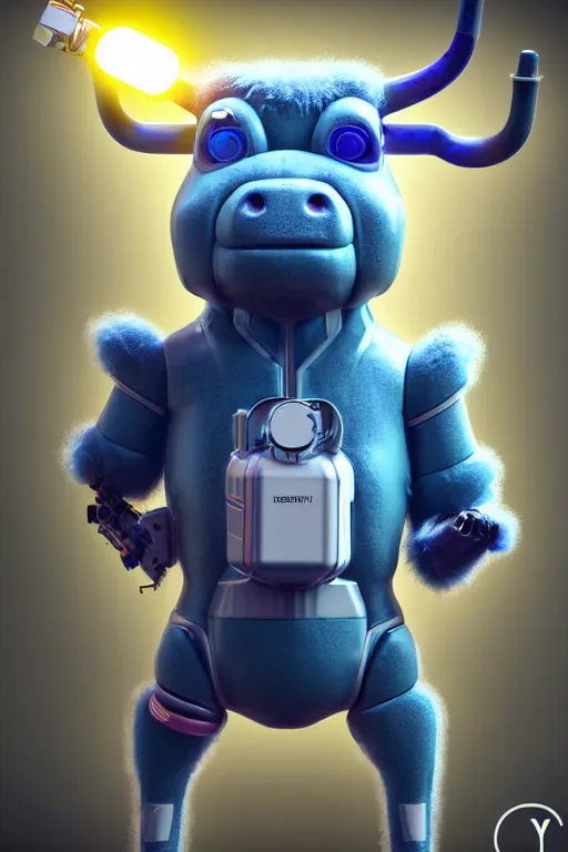 Image similar to high quality 3 d render sci - fi very cute cyborg cow shaggy! hybrid! drinking beer, highly detailed, unreal engine cinematic smooth, in the style of blade runner & detective pikachu, hannah yata charlie immer, dark blue neon light, low angle, uhd 8 k, sharp focus