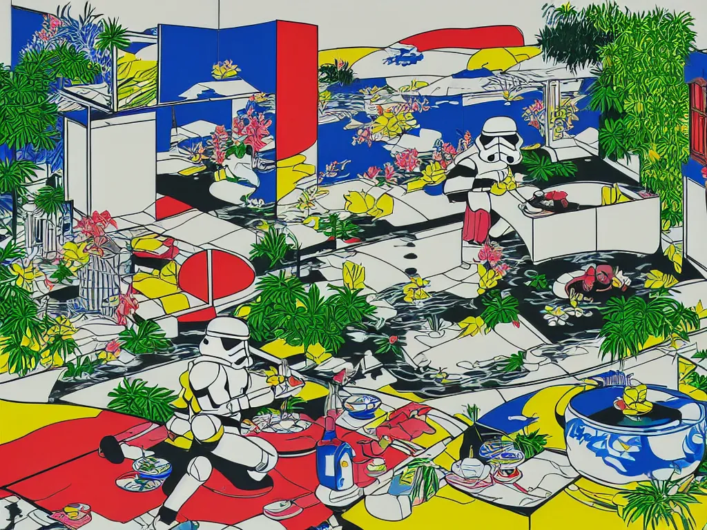 Image similar to hyperrealistic composition of the japanese home with a garden and a pond, 2 stormtroopers sitting around it, pop - art style, jacky tsai style, andy warhol style, roy lichtenstein style, rich palette, acrylic on canvas