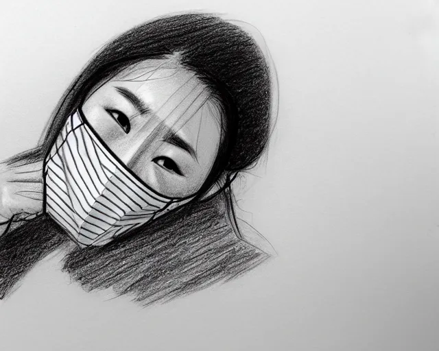 Image similar to draft drawing of a man covering her face with mask, a sketch by choro choi, thin stroke, trending on artstation, context art, pencil sketch, high detail