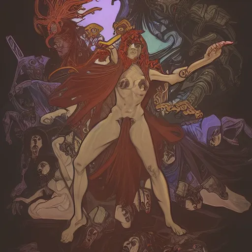 Image similar to a necromancer is fighting a horde of demons with magic, medium level shot , epic fight scene, Alphonse Mucha style , Grim fantasy, illustration ,concept art,