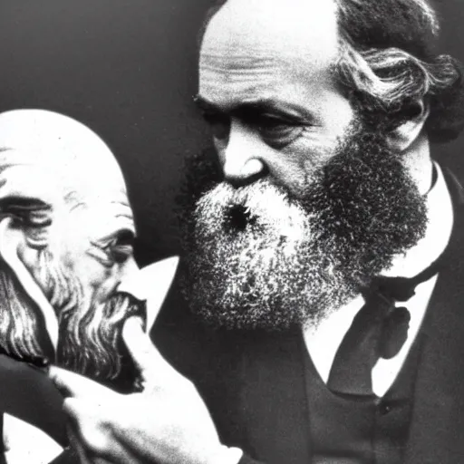 Prompt: Karl Marx looking at ipone, photo, 1920