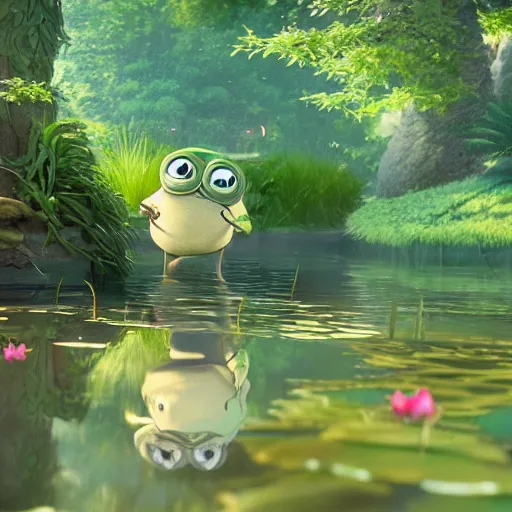 Image similar to a wholesome animation key shot of pepe the frog fishing in a pond, medium shot, studio ghibli, pixar and disney animation, sharp, rendered in unreal engine 5, anime key art by greg rutkowski, bloom, dramatic lighting