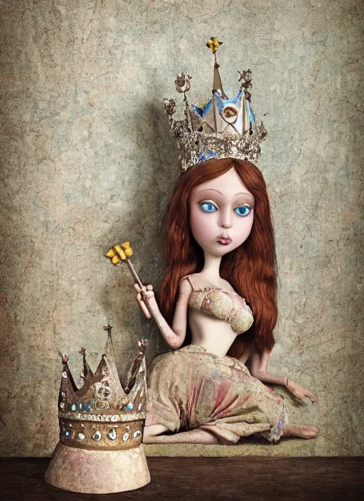 Prompt: closeup medieval picasso face portrait of a tin toy fairytale princess wearing a crown eating cakes in the castle, bikini, depth of field, zeiss lens, detailed and intricate environment, fashion photoshoot by nicoletta ceccoli, mark ryden, lostfish, breathtaking, 8 k resolution, extremely detailed, beautiful, establishing shot, artistic, hyperrealistic, octane render