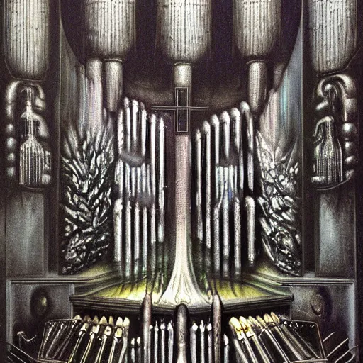 Prompt: Airbrush illustration by H R Giger of a waterfall that feeds a church organ