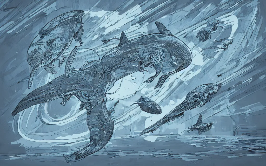 Image similar to biomechanical flying whale, in the style of james jean and laurie greasley, dynamic composition, dramatic lighting, hyper - realistic, ultra detailed