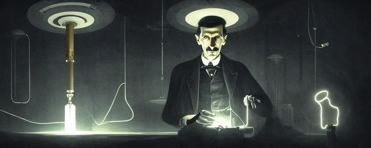 Image similar to duotone dark illustration 3 / 4 portrait of nikola tesla with wireless lightbulbs conducting experiments in wardenclyffe tower. cinematic lighting. golden ratio accidental renaissance. by sachin teng and sergey kolesov and ruan jia and heng z. graffiti art, scifi, fantasy, hyper detailed. octane render. concept art. trending on artstation