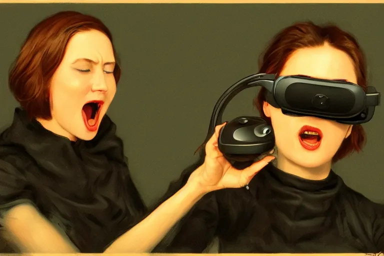 Prompt: a woman with a vr headset has a pill on her tongue and is hallucinating, a swirling cloud of pill by gerald brom, trending on artstation