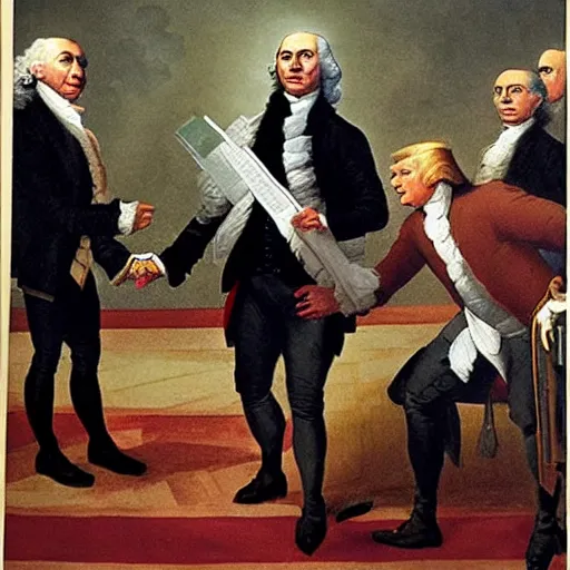 Image similar to The founding fathers of America arresting Donald Trump for treason