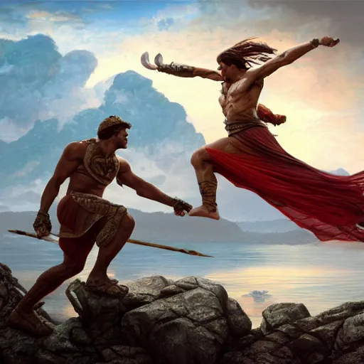 Prompt: an spartan man kicking an spartan woman off a cliff, sunset, sunny, cloudy, digital painting, artstation, concept art, soft light, hdri, smooth, sharp focus, illustration, fantasy, intricate, elegant, highly detailed, D&D, matte painting, in the style of Greg Rutkowski and Alphonse Mucha and artemisia, 8k,