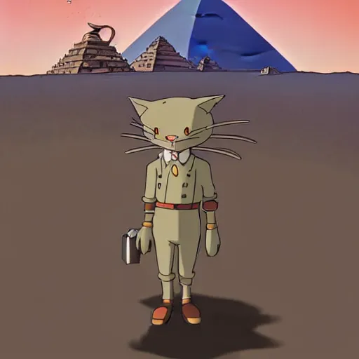 Image similar to a study of cell shaded cartoon of a mechanized grey cat from howl's moving castle ( 2 0 0 4 ), in front of pyramids on a desert road, full body, wide shot, very muted colors, post grunge, studio ghibli, laurie greasley, highly detailed, deviantart, art by artgem