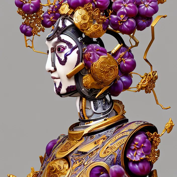 Image similar to ceramic cyborg, Kakiemon design with plums and stylized flowers in glaze and gilding, diffuse lighting, fantasy, intricate, elegant, highly detailed, lifelike, photorealistic, digital painting, artstation, illustration, concept art, smooth, sharp focus, art by John Collier and Albert Aublet and Krenz Cushart and Artem Demura and Alphonse Mucha