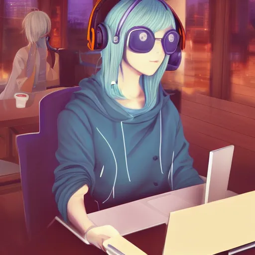 Prompt: a digital painting of a frowning beautiful anime girl with long silver hair with headphones and a face mask in coffeeshop working on her laptop, digital art, backlight, ilya kuvshinov, high detail, blue anime eyes