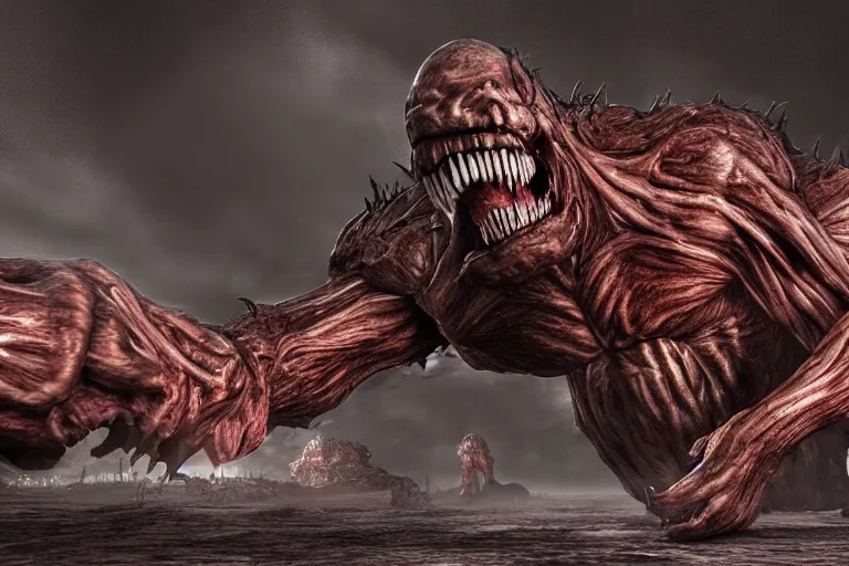 Image similar to a giant disgusting behemoth made of muscles and flesh, very angry, teeth, ambient light, terror, glows, realistic, photo-realism, hyper realism, picture, detailed, 3D render, scary, distant shot, in the distance,