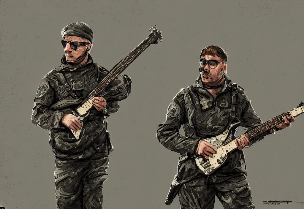 Image similar to major degtyarev from the game stalker plays an electric guitar, 8 k, sharp focus, extremly detailed, digital painting, smooth, illustration