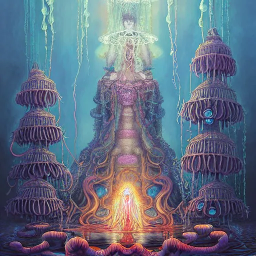 Prompt: A painting of priestesses worshipping at the jellyfish temple, shrouded in mist, jellyfish god, jellyfish priestess, jellyfish shrine maiden, 8K, illustration, art by by Alvaro Castagnet, Peter Mohrbacher and Dan Mumford, smoke, undersea temple with fish, cinematic, insanely detailed and intricate, hypermaximalist, elegant, super detailed, award-winning, magenta and crimson and cyan, rainbow accents, iridescence, bioluminescence, mysterious, ancient, ritual, trending in cgsociety, artstation HQ, ornate, elite, haunting, matte painting, beautiful detailed, insanely intricate details, dreamy and ethereal, otherworldly