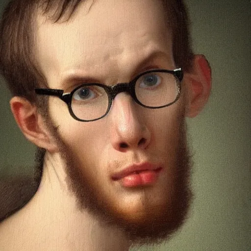 Image similar to A 17th century Baroque Painting of iDubbbz, grainy, realistic, hyperrealistic, very realistic, very very realistic, highly detailed, very detailed, extremely detailed, detailed, digital art, trending on artstation, detailed face, very detailed face, very detailed face, realism, HD Quality, 8k resolution, intricate details, body and head in frame, painting, oil painting, trending on deviantart, Baroque Painting