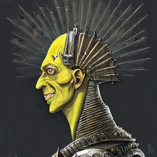 Image similar to ( ( ( head and shoulders portrait of a gaunt noseless yellow - skinned bald githyanki warrior in a breastplate, wielding a magical silver greatsword ) ) ), dave mckean, hr giger, peter mohrbacher, d & d, fantasy, medieval