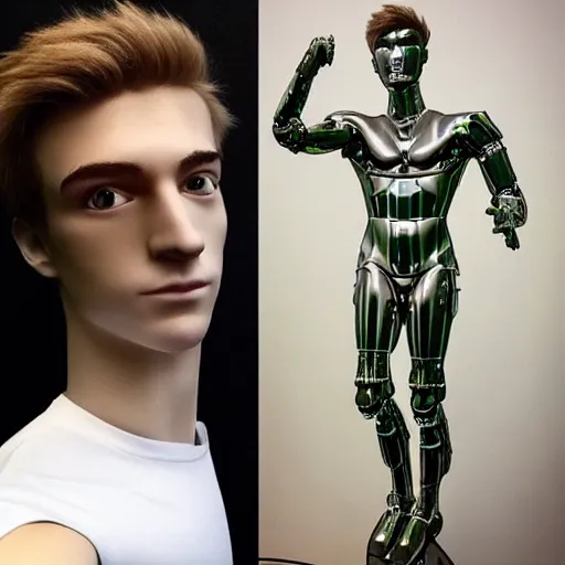 Image similar to “a realistic detailed photo of a guy who is an attractive humanoid who is half robot and half humanoid, who is a male android, twitch streamer Ninja Tyler Blevins, shiny skin, posing like a statue, blank stare, streaming”