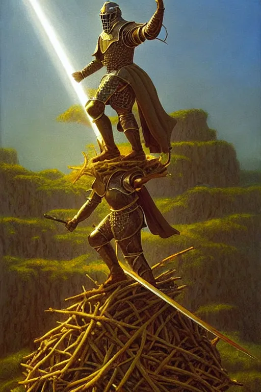 Prompt: classic oil painting, a medieval fantasy knight in a t - pose, as a dnd character, standing on a colossal bird nest, cottagecore, highly detailed, digital illustration, concept art, god rays, sunlight, smooth, sharp focus, art by tim hildebrandt, and nc wyeth