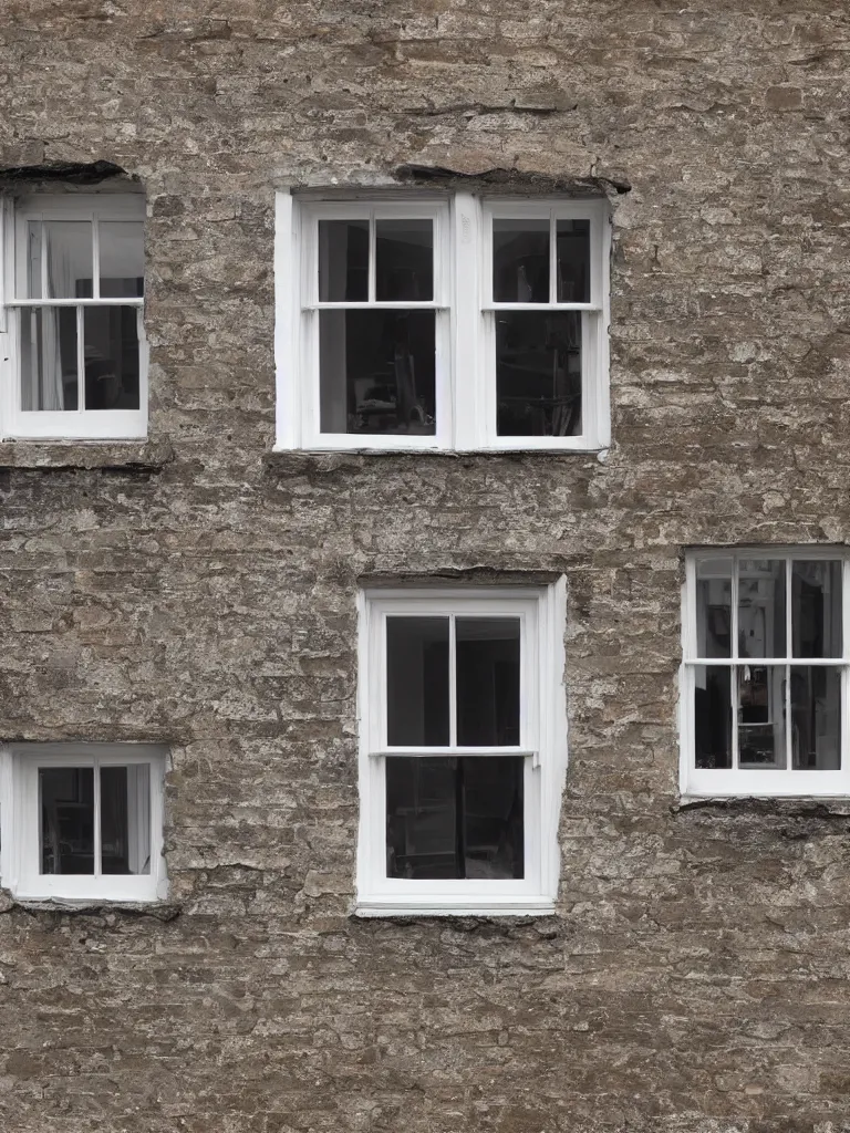 Image similar to single triangular or round sash window on a british wall, surprised and perplexed builders standing in front of it