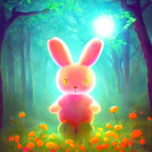 Image similar to a glowing luminous bunny surrounded by luminous pink orange yellow flowers and mushrooms in an enchanted forest trending on artstation hdr instagram photo fantasy art