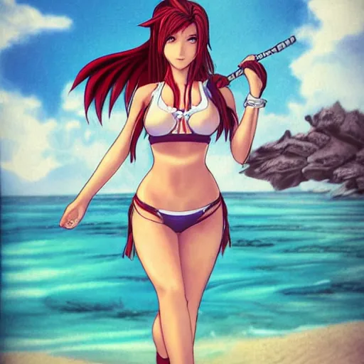 Prompt: beautiful aerith and tifa and jessie from final fantasy in a bikini on the beach making eye contact drawn by sakimichan