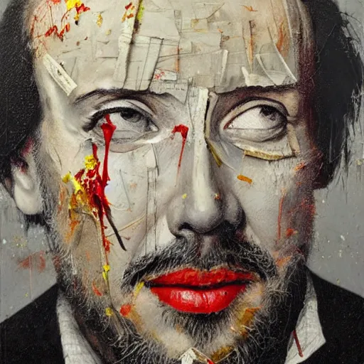 Image similar to hyperrealistic, photorealistic, mixed media oil painting of william shakespeare, magazine scraps, plaster, blood, oil, mustard, cigarettes, splatter, trending on artstation, award - winning painting, greg rutkowski, basquiat, ralph steadman, terry gilliam