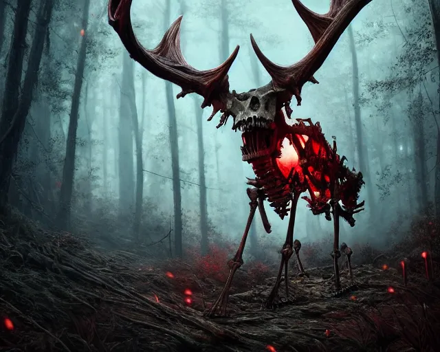 Image similar to 5 5 mm portrait photo of an armored demonic rat skeleton with antlers and red eyes, in a magical forest. magical atmosphere. art by greg rutkowski. highly detailed 8 k. intricate. lifelike. soft light. nikon d 8 5 0.