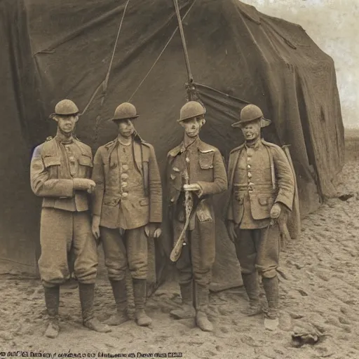 Image similar to a detailed photorealistic sepia - toned photo from 1 9 1 7, three clean - shaven british soldiers standing with two bedouin traders, ultra realistic, painted, intricate details, lovecraft, atmospheric, dark, horror, brooding, highly detailed, by clyde caldwell