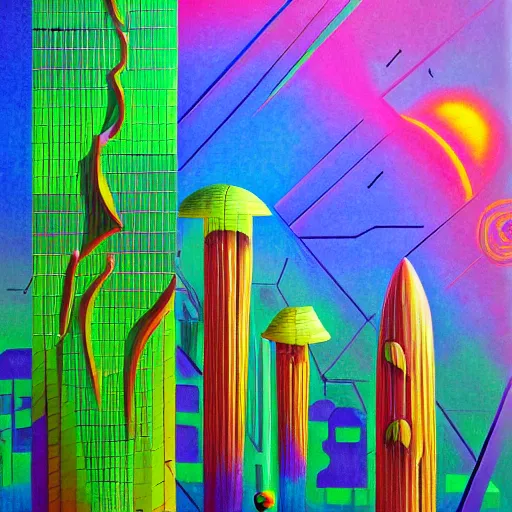 Prompt: photo of a solar punk lush giant plants city, modern architecture, city color scheme, geometry will draw the soul toward the truth and create the spirit of philosophy, galactic nebula, surrealist oil painting