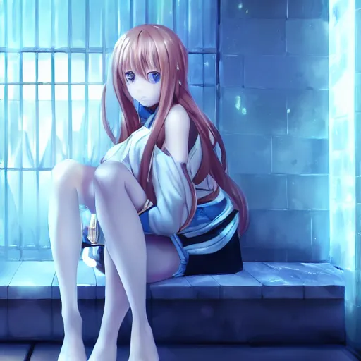 Prompt: a very beautiful young yuuki asuna sitting in a dark prison cell, full body, long wavy blond hair, sky blue eyes, full round face,, shiny golden bikini, miniskirt, front shot, sitting in a dark prison cell, highly detailed, cinematic wallpaper by stanley artgerm lau