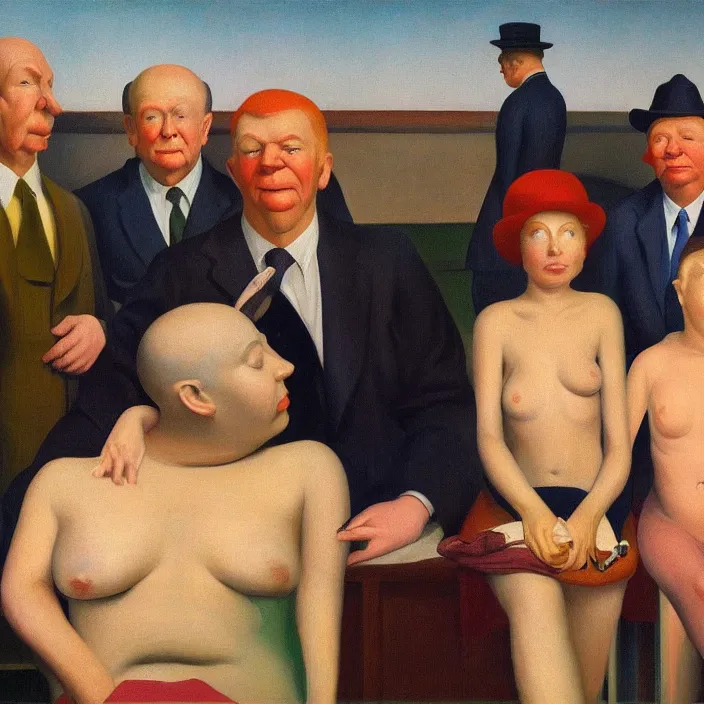 Prompt: group of people pictured in afternoon light, close - up of the faces, anatomically and proportionally correct : : surrealist oil painting by edward hopper, georg grosz, francis bacon and rene magritte, detailed