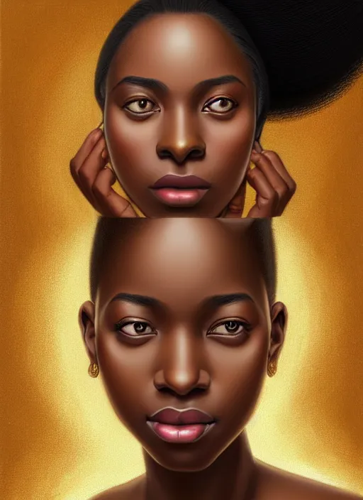 Prompt: beautiful igbo feminine face! portrait of young woman blessed by god with ever - increasing physical and mental perfection, black afro hair, symmetrical! intricate, elegant, highly detailed, vision of holy perfection!! smile, digital painting, artstation, concept art, smooth, sharp focus, illustration, art by artgerm and greg rutkowski and alphonse mucha