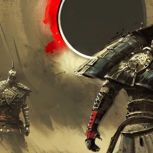 Image similar to artwork by Craig Mullins and Russ Mills and SPARTH showing a samurai in front of a red circle