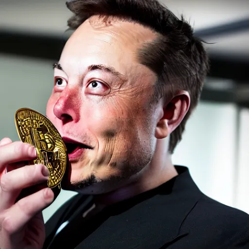 Image similar to Elon Musk eating a bitcoin, highly detailed, high quality, HD, 4k, 8k, Canon 300mm, professional photographer, 40mp, lifelike, top-rated, award winning, realistic, sharp, no blur, edited, corrected, trending