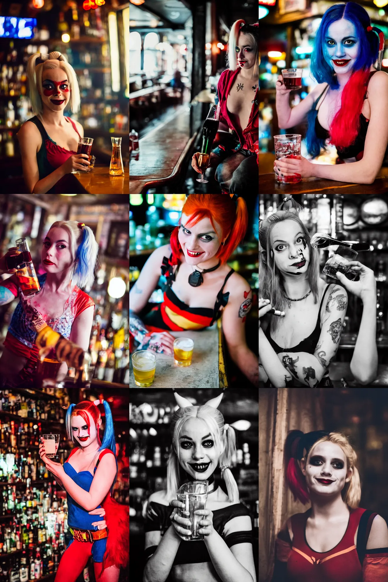 Prompt: Harley Quinn drinking booze, candid photo in a hazy darkly lit old bar, soft light, 50 mm lens