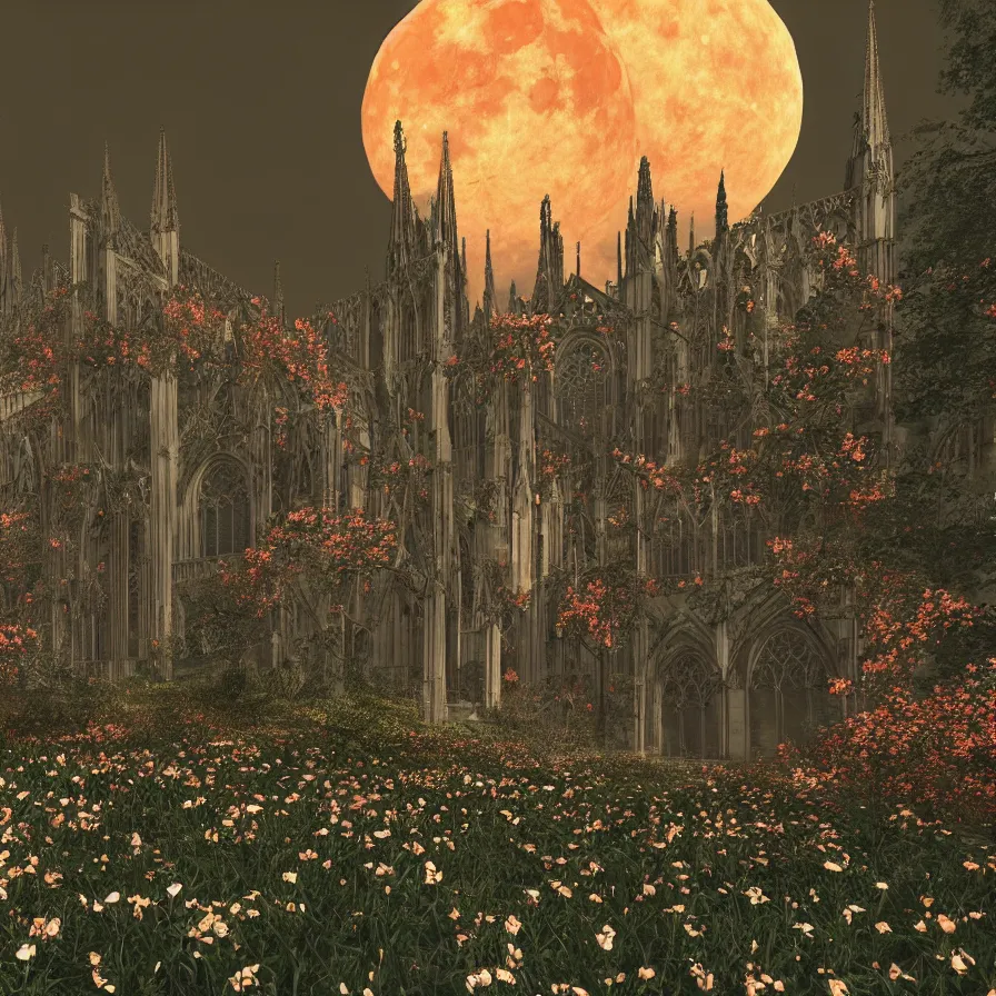 Image similar to A Gothic cathedral in a field of flowers, A huge red moon shines over the earth.highly realistic, hyper detailed,cinematic,4k,digital art,unreal engine 5,by gustav doré