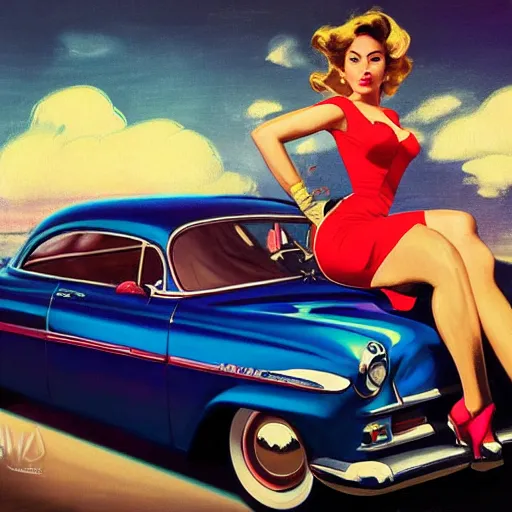 Prompt: 3 d fisheye, very low angle, wide angle, painting showing olivia munn driving exaggerated 1 9 5 0 s car with woman driving, shiny, aerodynamic, dramatic lighting, sultry, sensual, vargas, wlop, manara, mucha, moebius, elvgren, joshua middleton, clay mann, artgerm