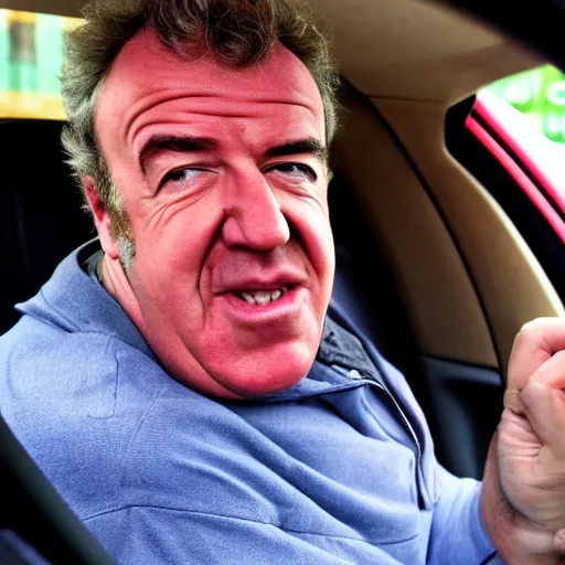 Image similar to Jeremy Clarkson driving and pressing car honk. Angry Jeremy Clarkson driving, honking. Jeremy Clarkson pressing honk while driving.