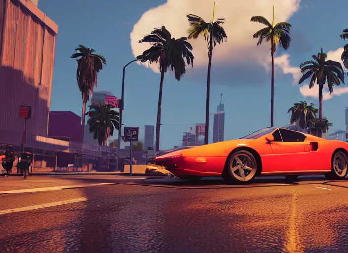 Image similar to still next - gen ps 5 game grand theft auto 6 2 0 2 4 remaster, graphics mods, rain, red sunset, people, rtx reflections, gta vi, miami, palms and miami buildings, photorealistic screenshot, unreal engine, 4 k, 5 0 mm bokeh, close - up generic sports car, gta vice city remastered, artstation