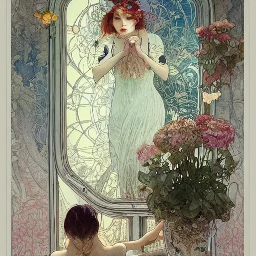 Prompt: a beautiful intricate watercolor illustration painting of a beautifull mirror in a living room 4 k, ultra - wide angle, by william turner, by victo ngai, by alphonse mucha, by miho hirano, hd, trending on artstation, hyper detailed, muted colors